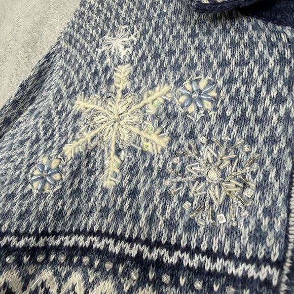 Vtg Heirloom Collectibles Sweater Large Blue Winter Snowflakes Knit Full Zip Y2K - Picture 5 of 14